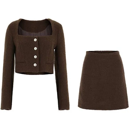 SINCETHEN Square Neck Bouclé Classic Jacket & Mini Skirt Set