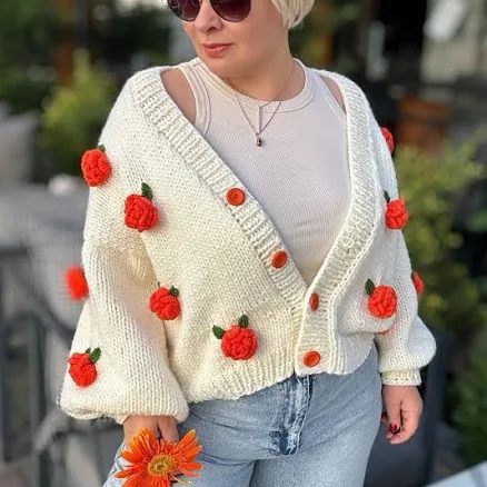 Cropped Wool Cardigan with Orange Roses