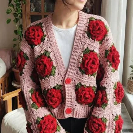 Cropped Crochet Rose Cardigan