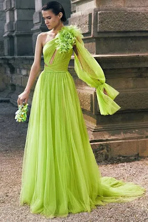 JewelClues Marchesa Illusion One-Shoulder Tulle Maxi Dress