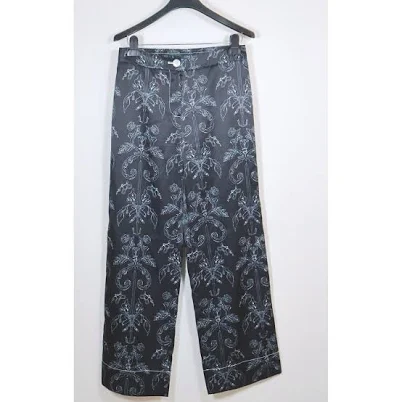 Minju Kim Pants & Jumpsuits | Minjukim Trousers Size 36/8-10 Us Black White Damask Floral Print Wide Leg Satin | Color: Black/White | Size: S |