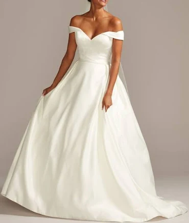 David's Bridal Off Shoulder Satin Wedding Dress