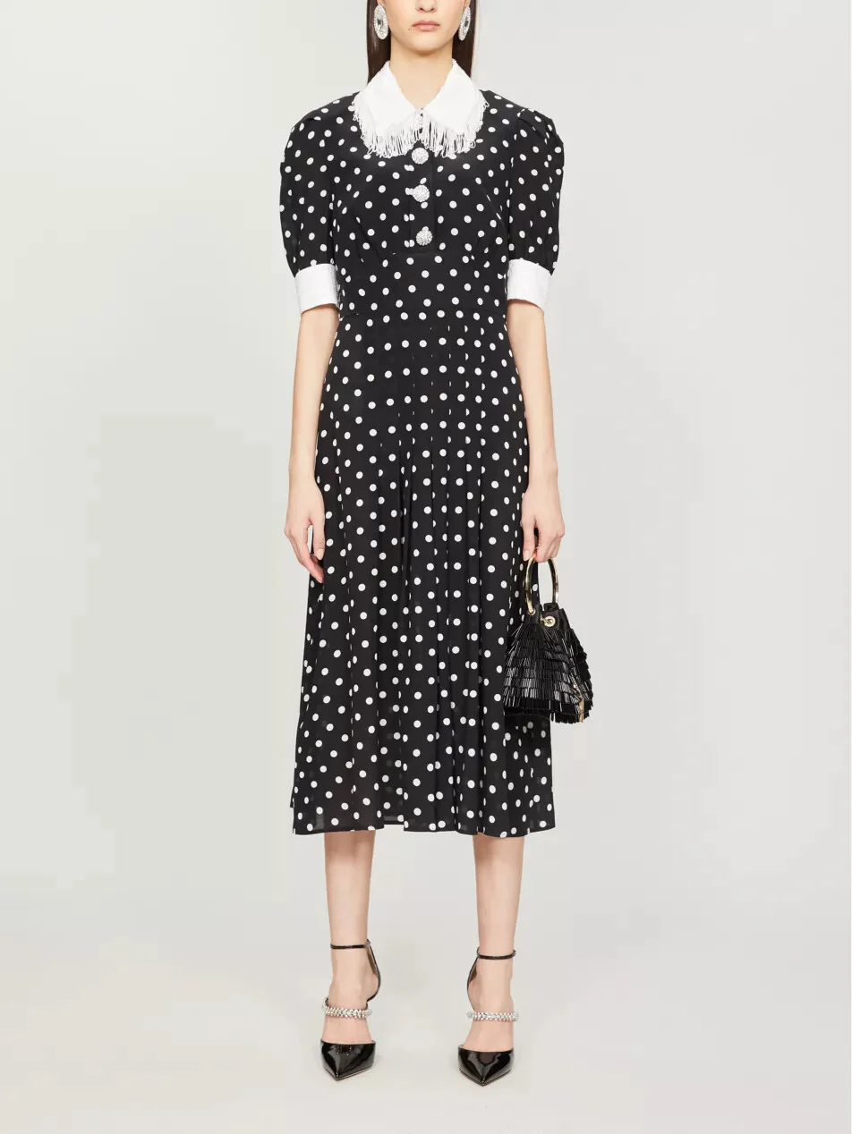 ALESSANDRA RICH Black White Polka Dot Print Sequin Fringe Collar Midi Dress 38/2