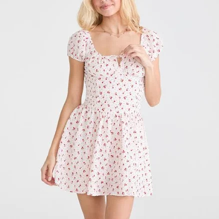Aeropostale Women's Cherry Print Square-Neck Drop-Waist Cotton Mini Dress
