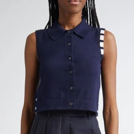 Women's Thom Browne 4 Bar Stripe Cotton Crop Shirt