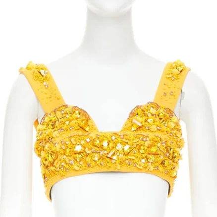 Rare Prada 2014 Runway Yellow Wool Crystal Jewel Encrusted Bustier Top It38 Xs