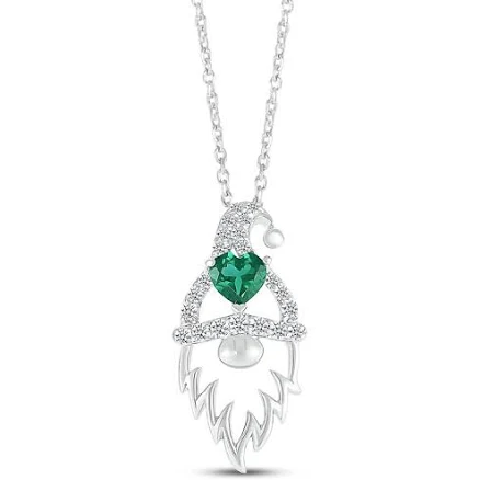 Sterling Silver Gnome Heart-Shaped Lab-Created Emerald Necklace