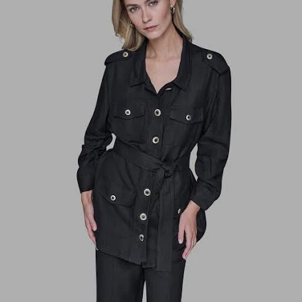 KARL LAGERFELD Women's Ruched Sleeve Linen Blend Belted Jacket