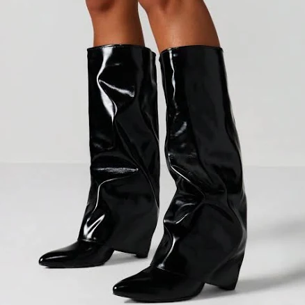 MISSGUIDED Patent Leather Slouchy Knee High Boots With Pointed Toe And Block Heel For Fall Winter