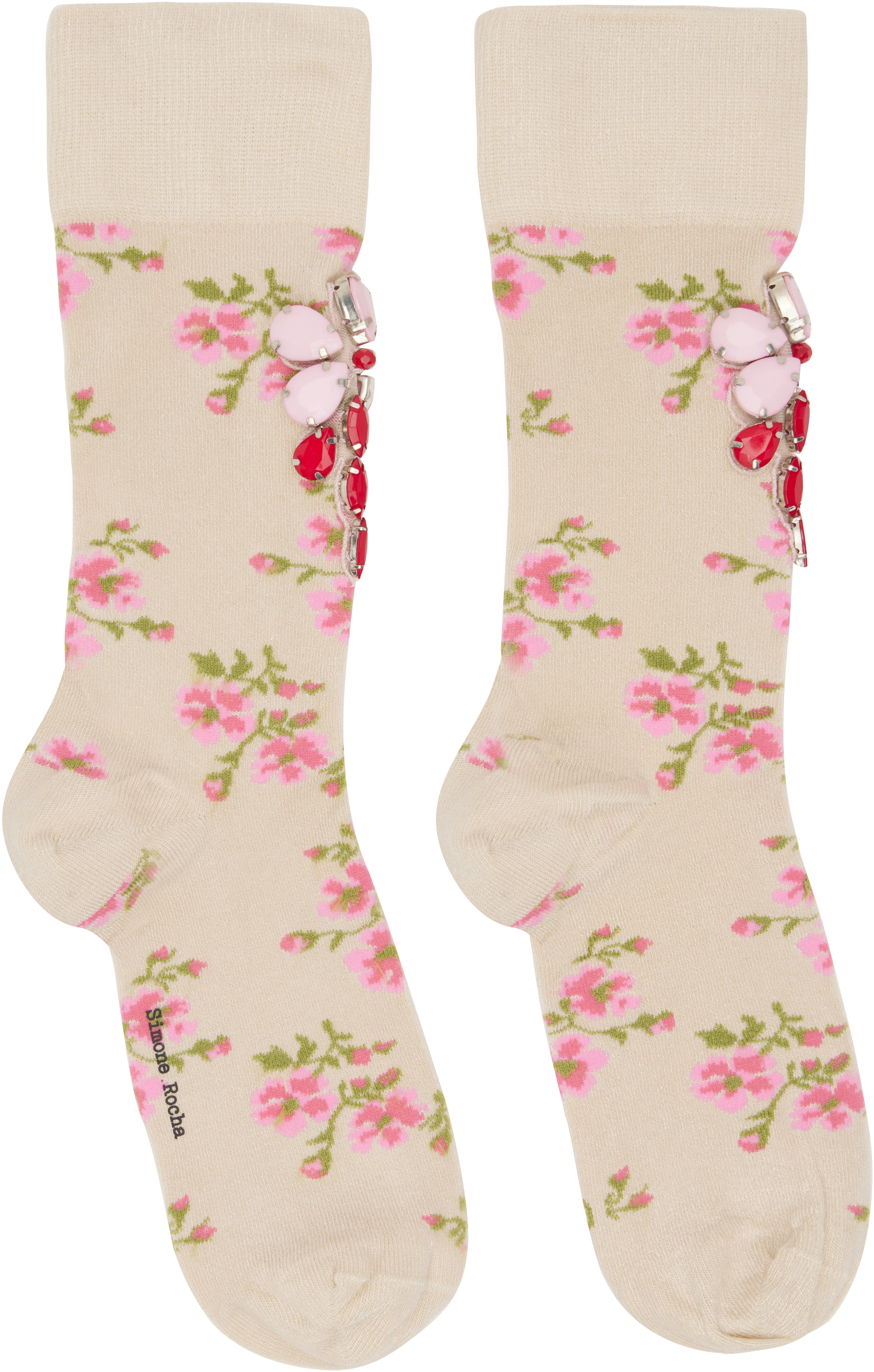 Beige Tiny Flower Jacquard Embellished Ankle Socks