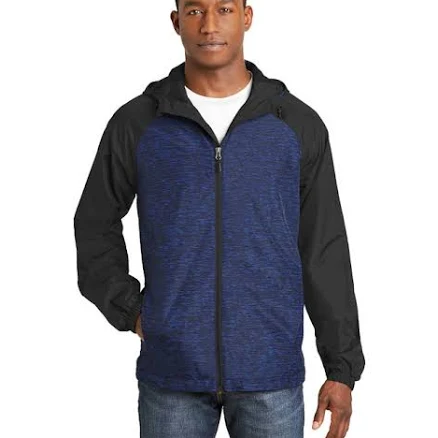 Sporttek Heather Colorblock Raglan Hooded Wind Jacket in True Royal/Black, size Medium Polyester