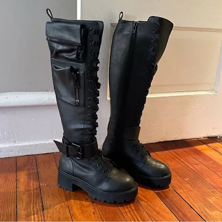 Current Mood Knee High Vegan Leather Combat Boots with Obsidian Pocket
