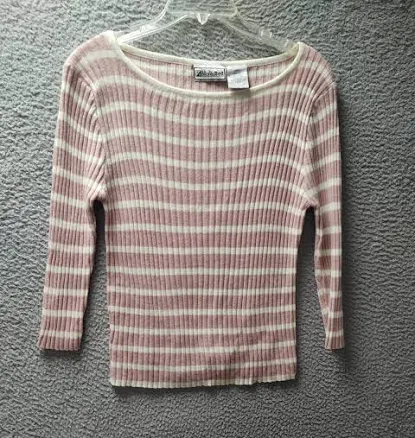 Delores Bell Sweater Womens Large Pink Ivory Stripe 15% Wool Cardigan