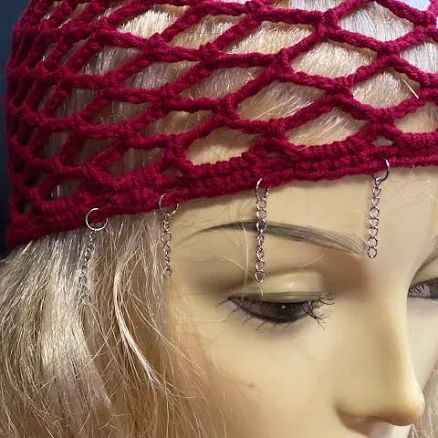 Handmade Crochet Mesh Beanie with Stainless Steel Chain Bangs