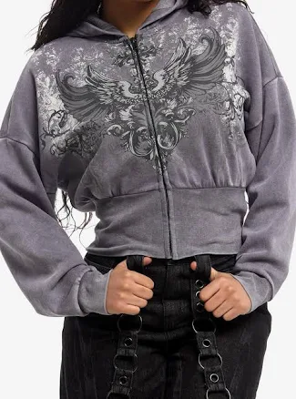 Social Collision Girls Winged Filigree Crop Hoodie