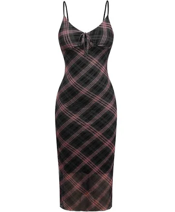 1930s Scottish Plaid Suspender V-Neck Maxi Dress