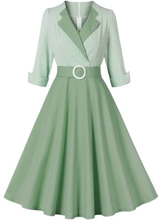 Zapaka Women's 1950s A-Line Plaid Half Sleeve Dress