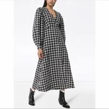 GANNI Checked cotton-blend seersucker midi wrap dress - black and white