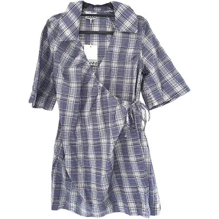 Ganni Purple Check Wrap Midi Dress Organic Cotton Blend Size 38 FR