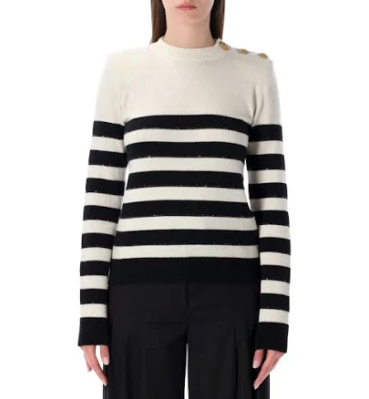 BALMAIN STRIPED WOOL CASHMERE BUTTONED JUMPER, NATURAL Black / 40