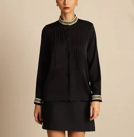 SilkSilky Women's Silk Pleated Stand Collar Blouse