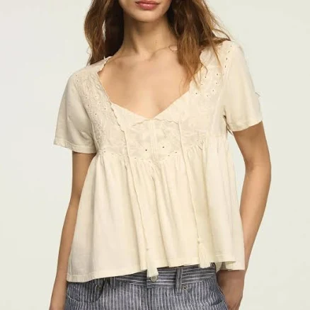 Lucky Brand Women's Embroidered Yoke Tassel Top