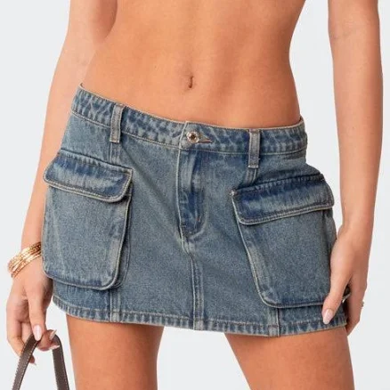 EDIKTED Women's Washed Denim Cargo Miniskirt