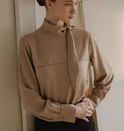 W Concept Tie Neck Shirred Rayon Blend Blouse