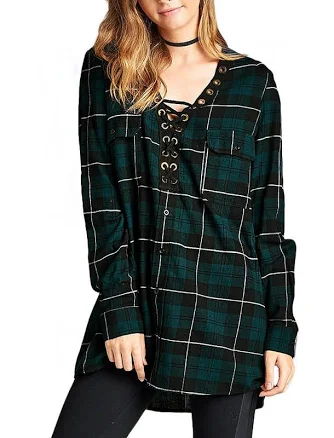 Long Sleeve Lace-up Oversize Plaid Shirt With Chest Pockets Detail S L