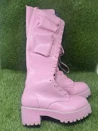 Dollskill Sugar Thrillz Bubblegum Obsidian Pocket Pink Combat Boots Platform - 7
