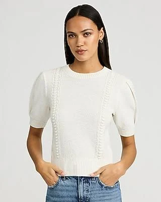 Express Women's Cotton Textured Crew Neck Puff Sleeve Sweater