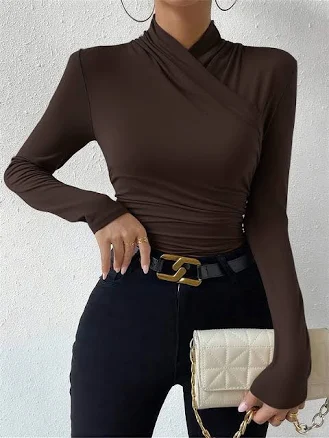 Cross-over Collar Pleated T-shirt