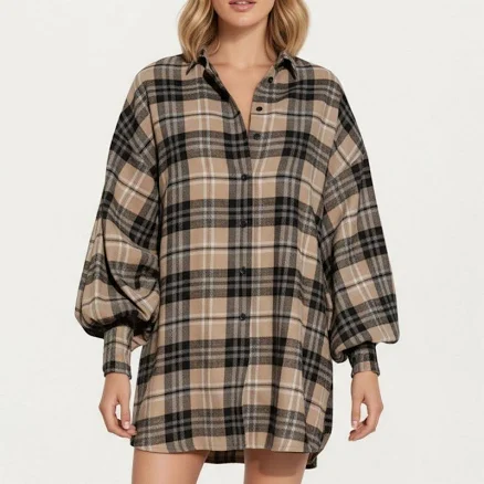 Anna-Kaci Women's Oversized Plaid Shirt Dress with Long Balloon Sleeves
