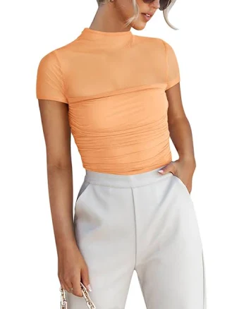 Sheer Mesh Mock Turtle-neck Short Sleeve Shirt