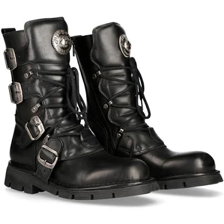 New ROCK Men's Black Gothic Buckled Boots with Embossed Detail