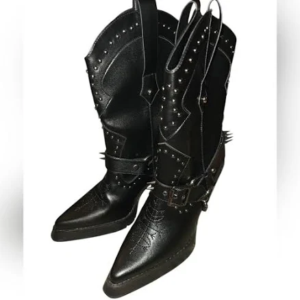 Dolls Kill Shoes | Dolls Kill Widow Spiked Black Cowboy Boots Vegan Leather Women's 10 | Color: Black | Size: 10 | Sunshinexo24's Closet