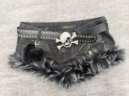 Y2K Low-Rise Denim Mini Skirt with Fur Trim and Skull Studded Belt