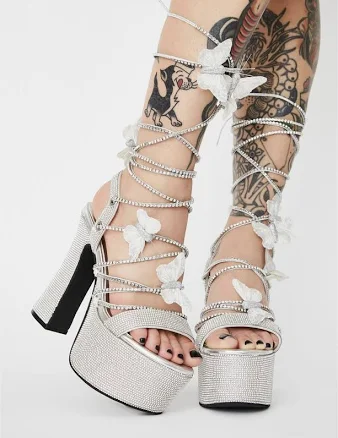 Poster Girl Blindin’ Pixie Queen Lace Up Heels Silver Butterflies Us