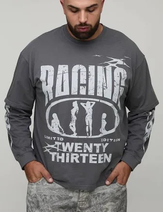boohooMAN Men's Oversized Faux Layer Racing Print T-Shirt