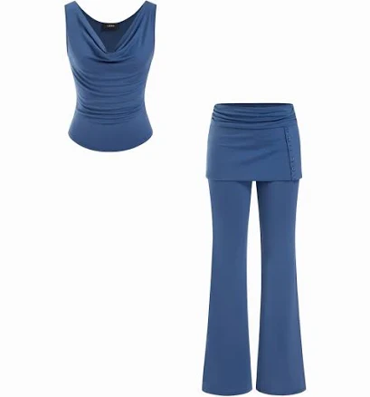 Cowl Neck Ruched Sleeveless Knit Fabric Top & Low Rise Flared Trousers Set
