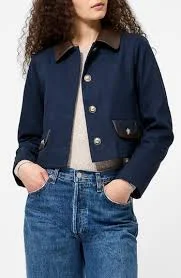 Denim Jacket with Faux Leather Trim
