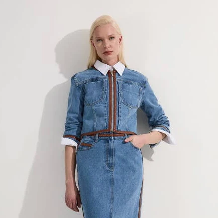 Karen Millen Women's Denim & Leather Tipping Collarless Jacket
