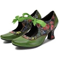 Sarah's Genuine Leather Green Pumps Heels Ribbon Lace Tie Shoes