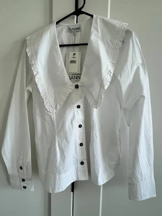 Ganni Organic Cotton Peter Pan Collar Poplin Ruffle Long Sleeved