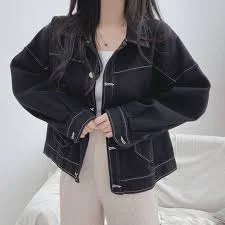 Everose - Collared Contrast Stitch Button Denim Jacket