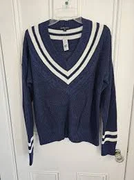NWT Brooks Brothers Womens Large Relaxed Linen Tennis Sweater Navy V-Neck