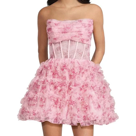B. Darlin Women's Strapless Illusion Corset Fit and Flare Ruffled Mesh