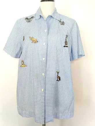 Gingham Plaid Womens Handmade? Blue White Animal Embroidered Button Up