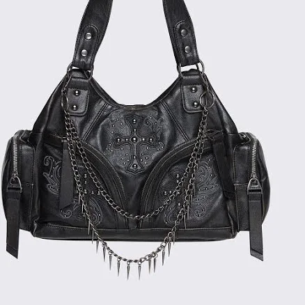 Grunge Energy Vegan Shoulder Bag with Studded Cross