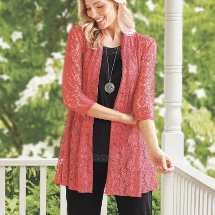 Floral Lace Open Front 3/4 Sleeve Stretch Knit Cardigan